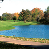 A fall view of a green with water coming into play from right at Beckett Ridge Country Club