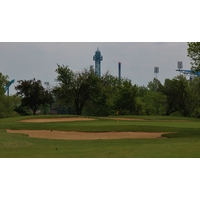 The seventh hole on the North nine of the Grizzly Course at The Golf Center at Kings Island provides views of the amusement park.